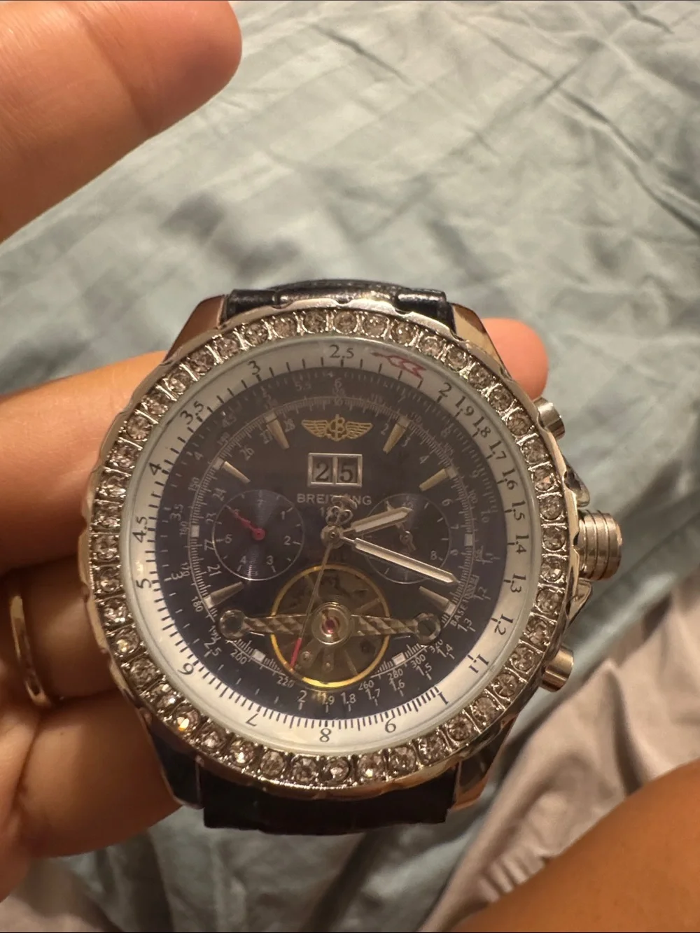 Faux Breitling Black Dial Silver Crystal Bezel Watch with Black Leather Strap